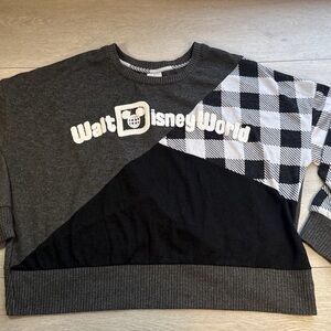 Disney XL Gray Black Patchwork Pullover Sweater Checkered Plaid Design